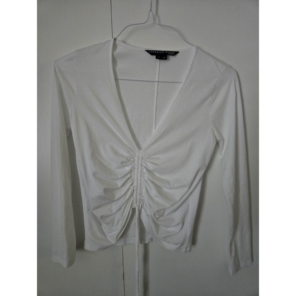 VERONICA BEARD JEANS Kerr Cinch Tie Front V Neck Pima Cotton Top White Size XS